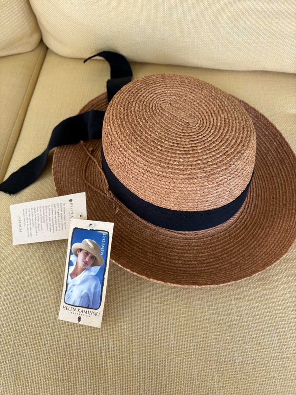 Helen Kaminski Tan-Brown Braided Straw Hat with Black Ribbon